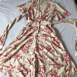 Tan and red floral midi dress